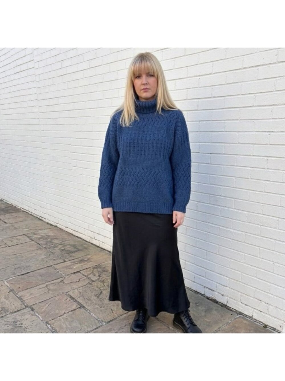 Vintage Blue Chunky Knit Turtleneck Sweater Womens Oversized Cottagecore 90s